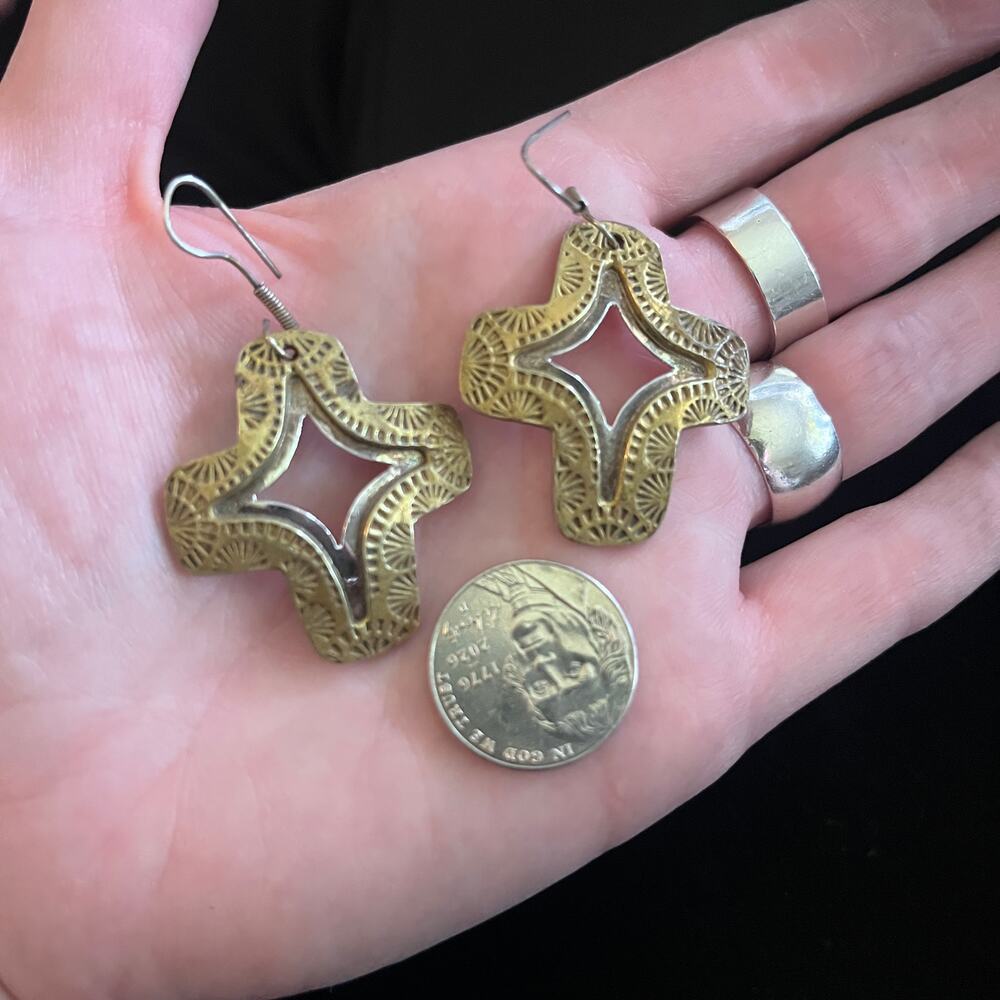 Vintage Large Artisan 925 Sterling Silver and Solid Etched Brass Cross Earrings